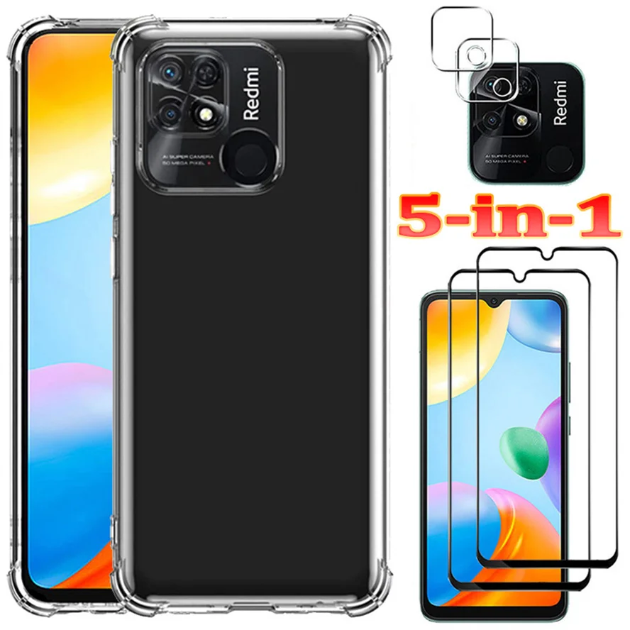 

5-in-1, Tempered Glass + Case for Redmi-10C 12C 13C Soft Clear Shockproof Silicone Phone Cases Redmi 13C Xiaomi Redmi 10 C Cover