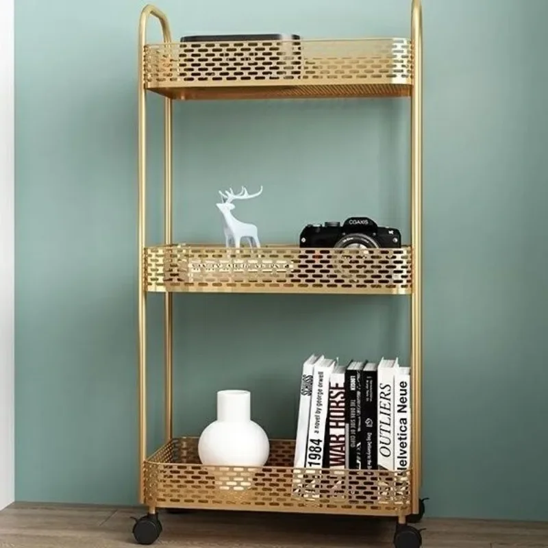 

Nordic Golden Trolley Storage Rack Living Room 3-layer Storage Rack Movable Bedroom Light Luxury Organizing Rack Kitchen Islands