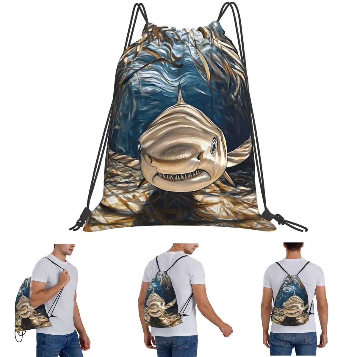 Shark Swimming Through Aquatic Foliage Backpacks Fashion Drawstring Bags Sundries Bag Book Bags for Man Woman Students