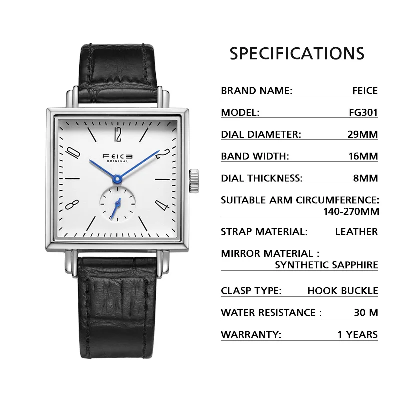 FEICE Women\'s Classic Bauhaus Wristwatch Sapphire Crystal Minimalist Clock Casual Square Analog Quartz Watch -FG301