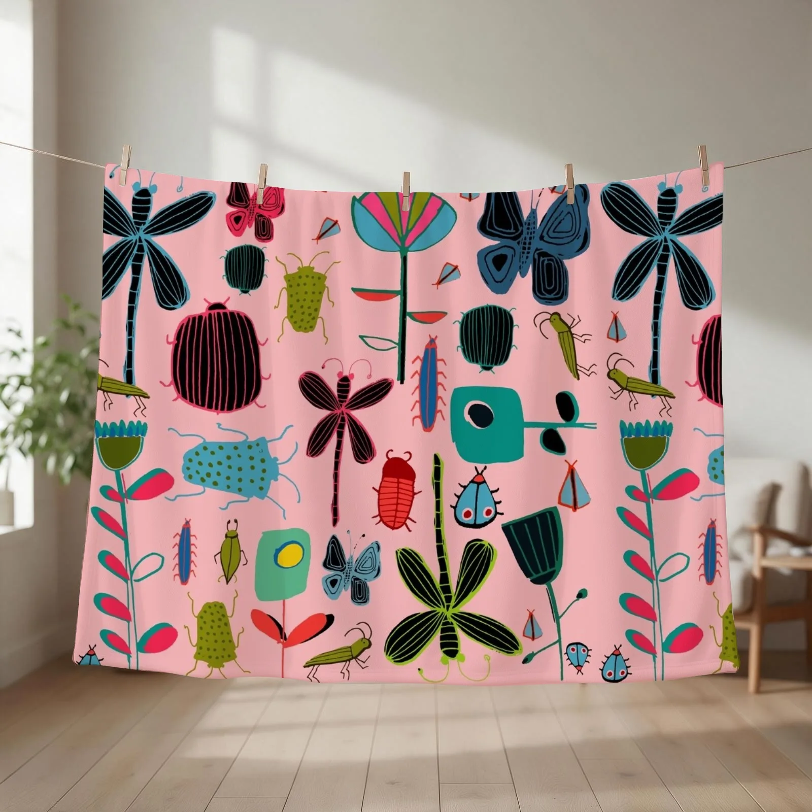 Insect watercolor pink Throw Blanket couch cozy soft plush fuzzy picnic outdoor blanket
