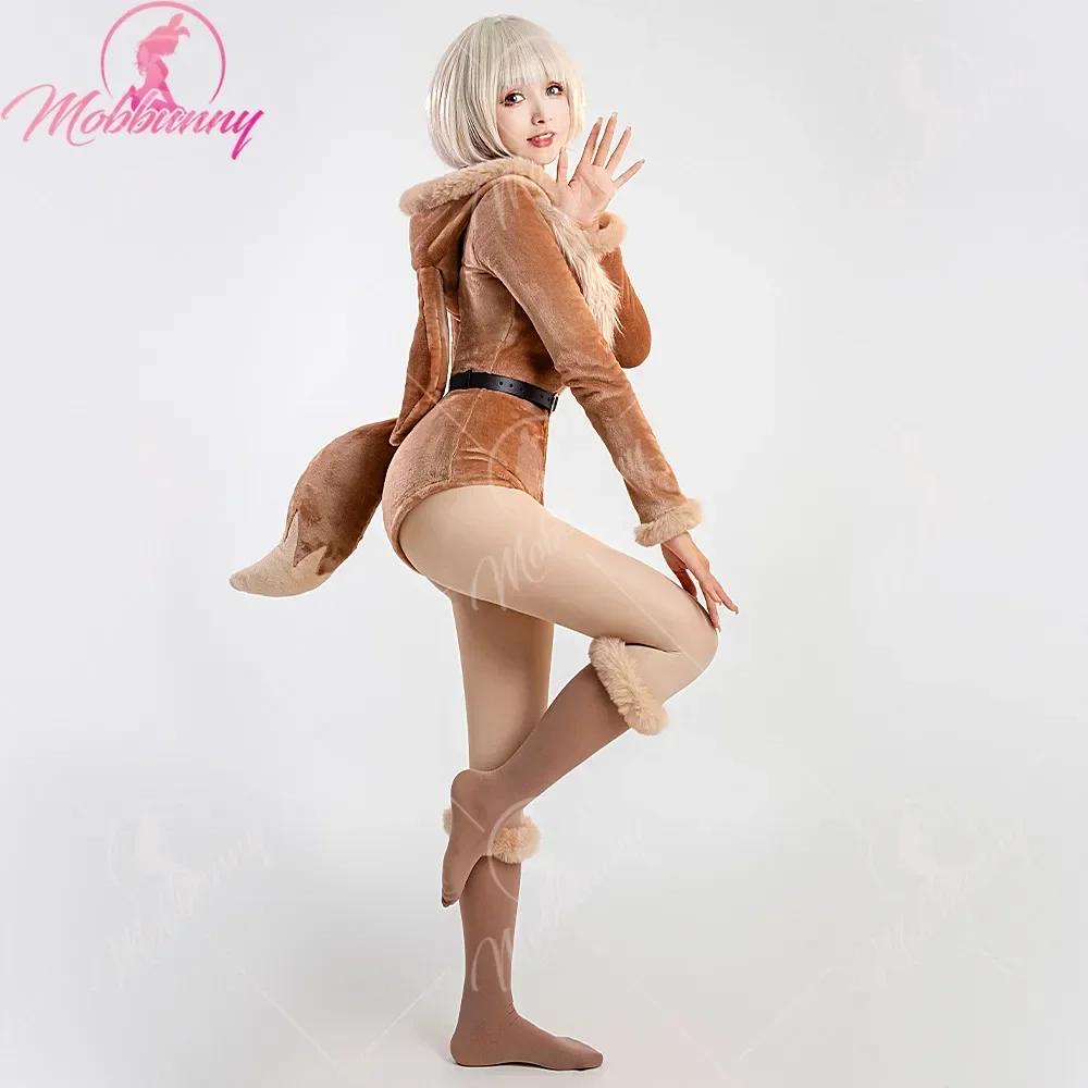 Mobbunny PM Derivative Women Sexy Lingerie Bodysuit Plush Fluffy Hooded Deep V Romper and Socks with Belt and Tail