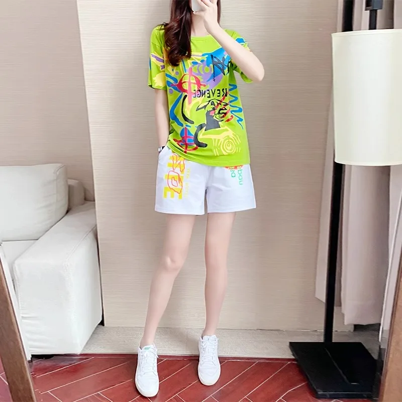 

High Quality Short Sleeved T-Shirt Casual Sports set for Women's 2024 Summer new Loose and Slimming Fashion Shorts two-Piece set