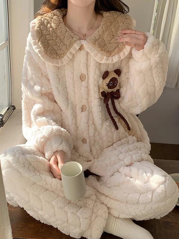 

Thickened Coral Fleece Sleepwear for Women Winter Home Clothes High School Students Cute Cartoon Print Long Sleeve Pajamas