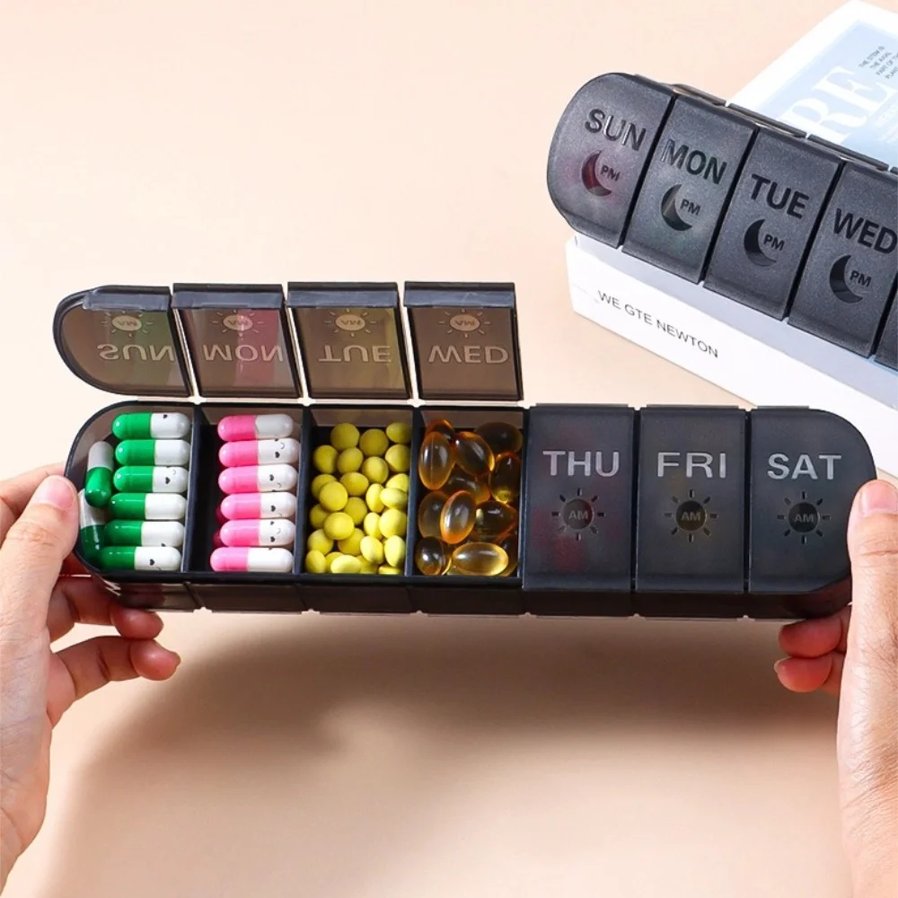 

Новые еженедельные двухслойные портативные чехлы для хранения таблеток, органайзер для 7 дней, 14 сеток, 2 раза в день для витаминов, рыбных масел