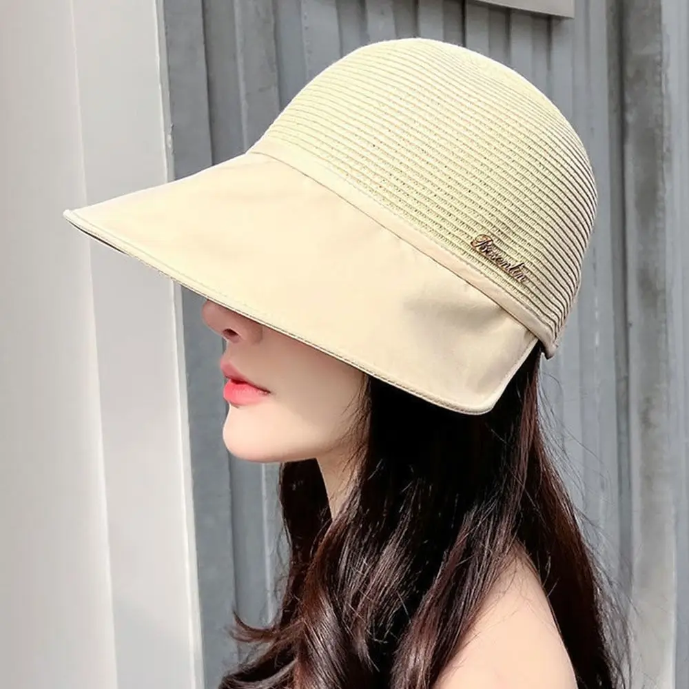 Spring and Summer Bucket Hat Stitching Temperament Sunscreen Straw Sunshade Peaked Cap Breathable Foldable Korean Women's Hats