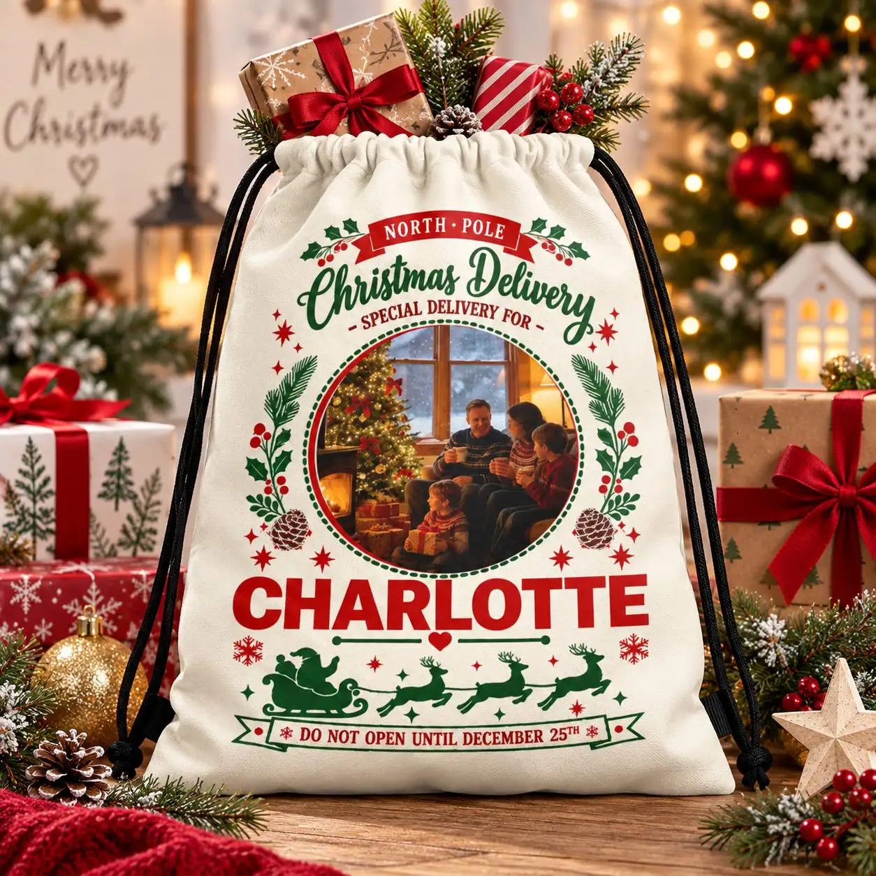 1PC Custom Photo Christmas Drawstring Backpack Personalized Name Picture Xmas Gift Bag for Kids Family Holiday Party Travel Sack