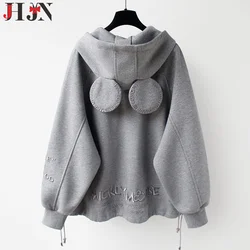 JHJN  Fashion Trend Simple Solid Solid 3D Letter Pocket Long Sleeve Loose Relaxed Oversized Ear Hooded Coat