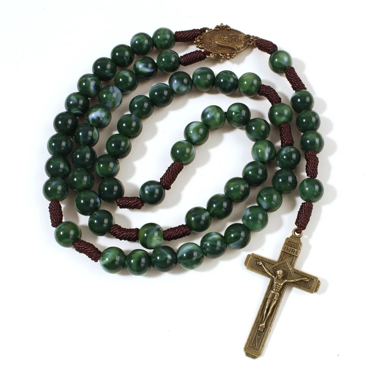 59-Bead Rosary Necklace – Handwoven Green Beads with Alloy Crucifix Pendant, Catholic Sweater Chain for Prayer & Spiritual Gift