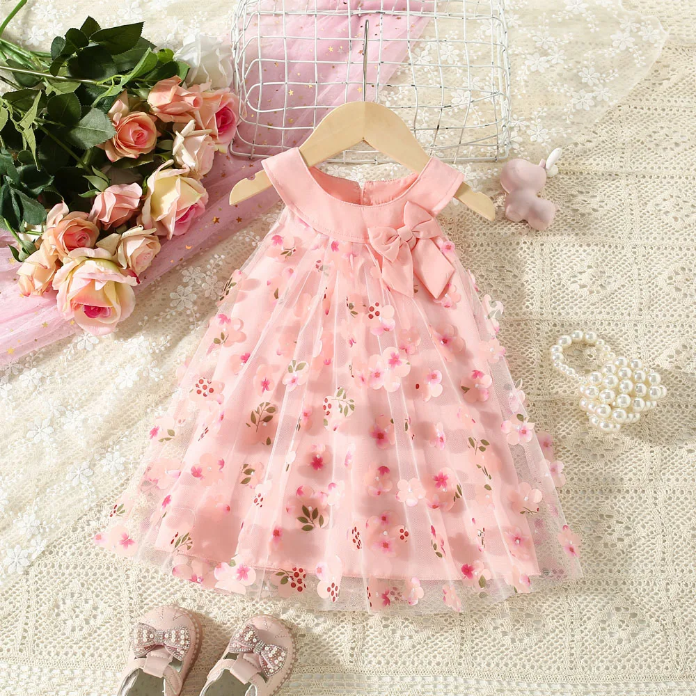 Summer New Girls Full Body Flower Sleeveless Mesh Skirt Baby Girl\'s Personalized Collar Bow Dress Suitable For Ages 0 To 3