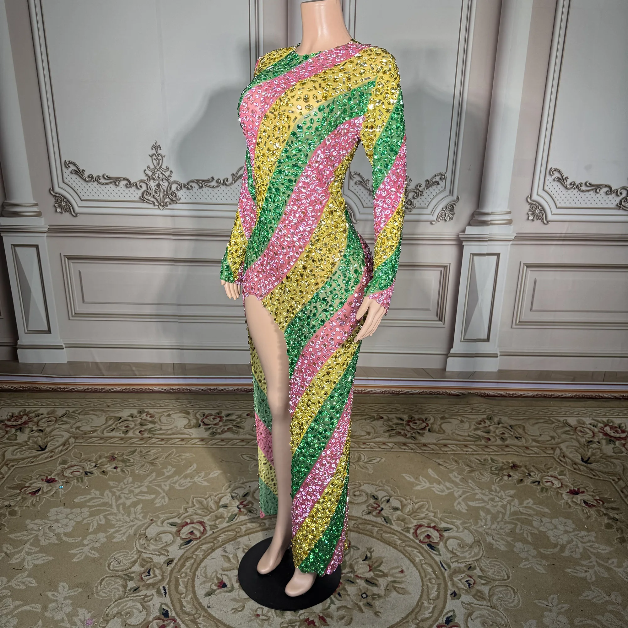 ZD レディース セクシー キラキラ マルチカラー ラインストーン ノースリーブ メッシュ シースルー ショートドレス 誕生日 プロム ダンス 大きいサイズ