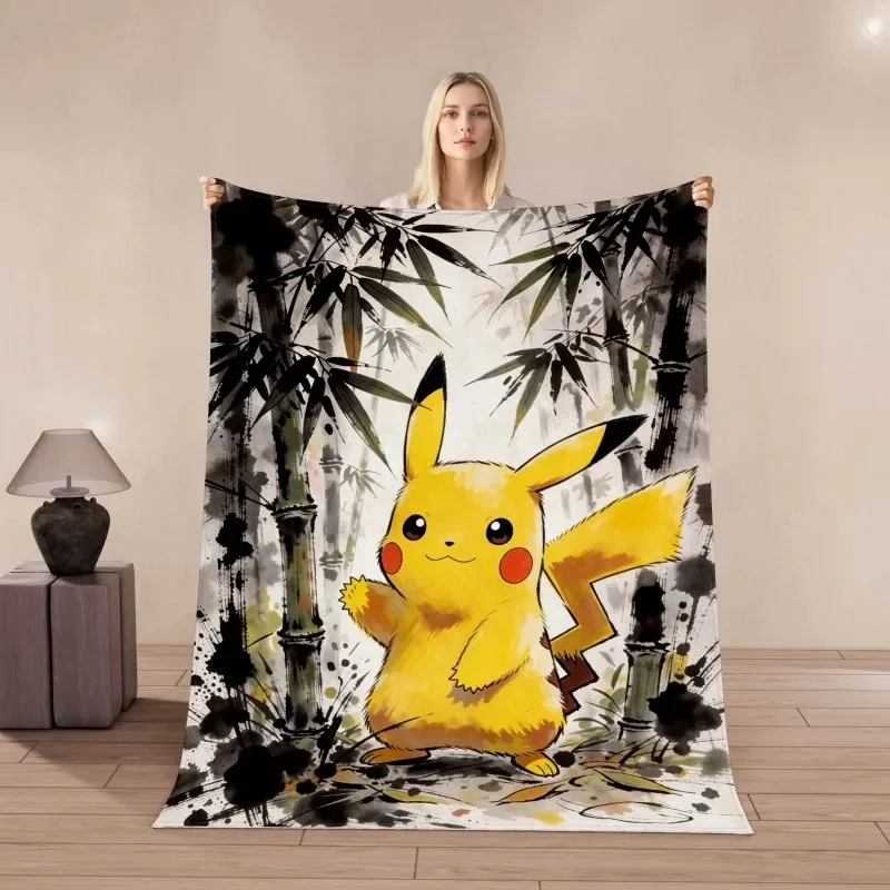 Anime Pikachu Flannel Blanket Retro Singer Chinese Ink Bamboo Papercut Moon Star Ukiyo-e Wave Print Cozy Multi-use Throw Blanket
