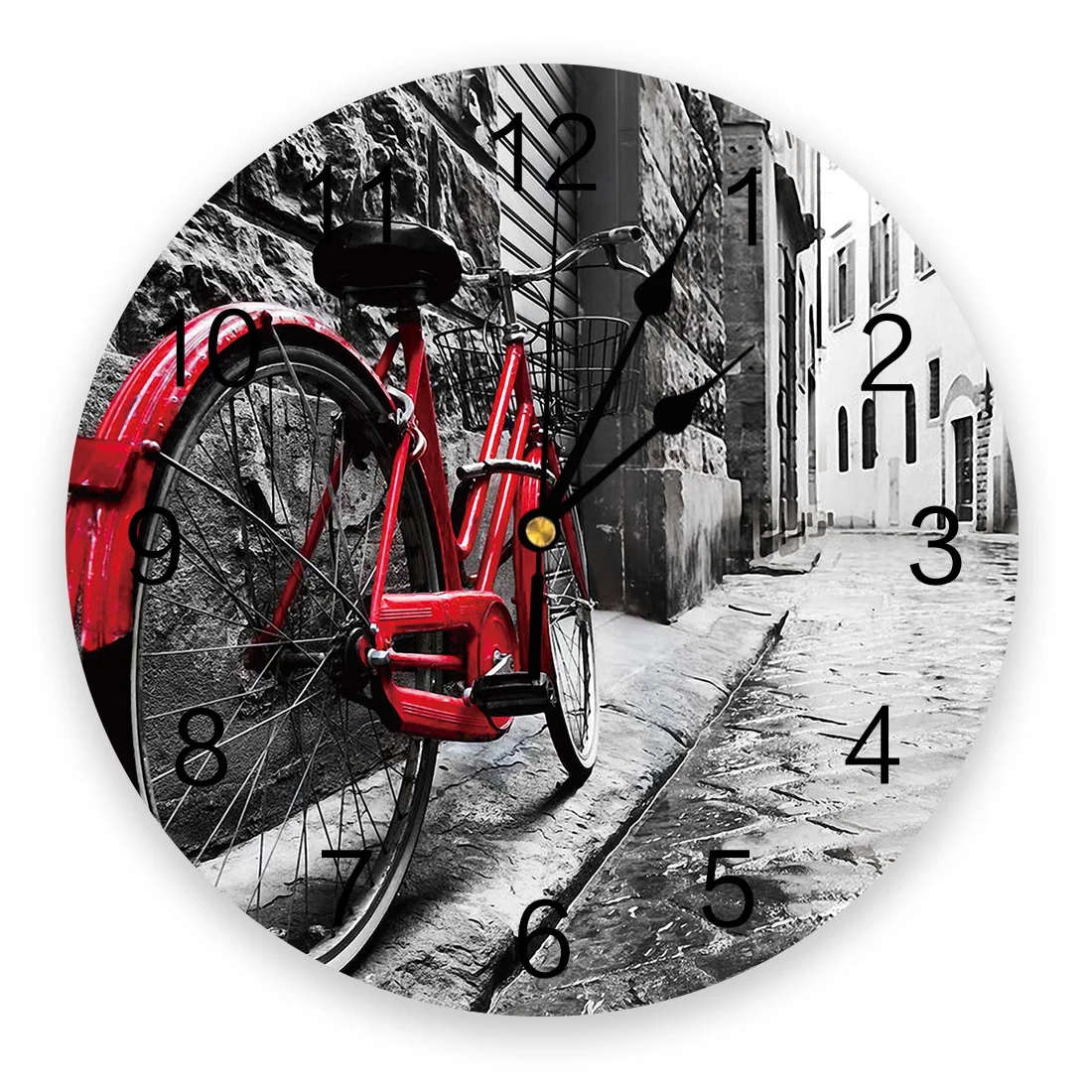 Retro Vintage Red Bicycle On The Street Wall Clocks Silent Home Cafe Office Wall Decor Clocks for Kitchen Large Wall Clocks