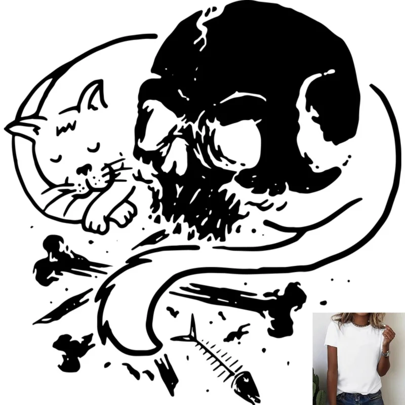 Gothic Skull & Cat Heat Transfer White Ink Iron - on Patch, Edgy Trendy Design, Suitable for T - shirts/Canvas Bags, Street