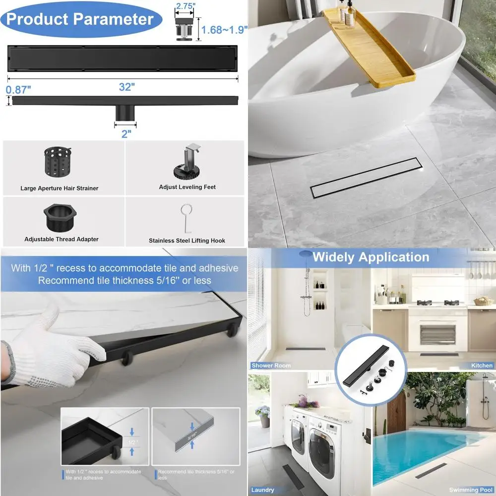 

Matte Black 32 Linear Shower Drain with Tile Insert, SUS 304 Stainless Steel, Adjustable Feet, Hair Catcher for Bathroom