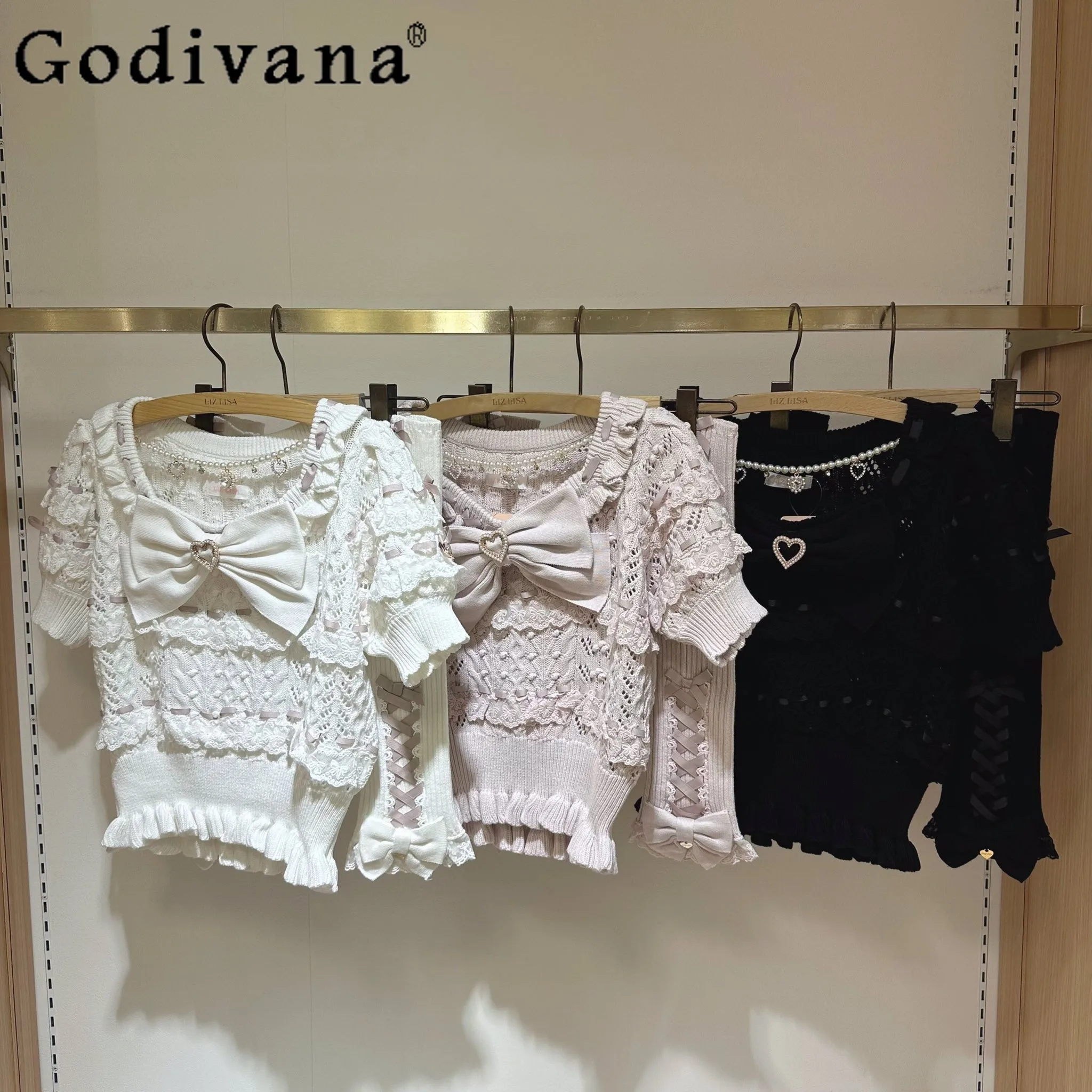 

Japanese Liz New Women's Knitted Top Spring 2026 Sweet Girl's Cute Bow Lace Pearl Chain Sweater Pullover with Hand Sleeves