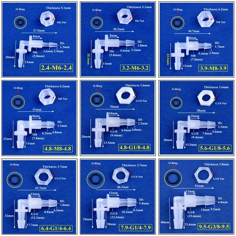 5~200pcs M6~G1/2 To 2.4-11.1mm PP Pagoda Elbow Connector+Nut O-Ring Irrigation Aquarium Tank Adapter Irrigation Water Hose Joint
