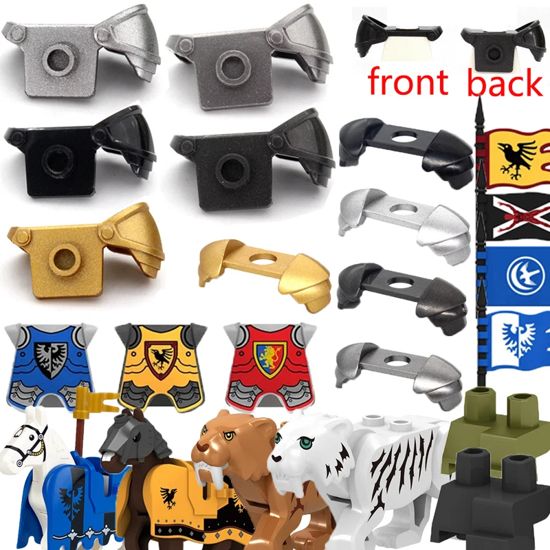 Military Building Blocks Medieval Solider Knights Accwssories Shoulder Armor Squatting Leg Model Vest Flags Horse Tiger Wolf MOC