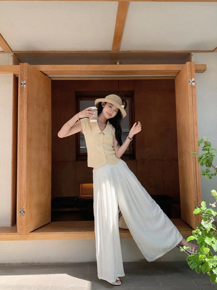 

Женские повседневные брюки Yang Bubble Apricot с широкими штанинами, высокой талией, свободного кроя, прямые, из хлопка, летние 2025