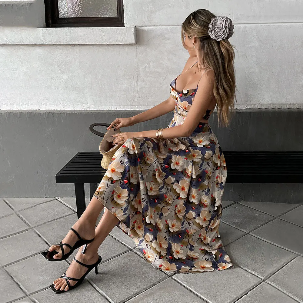 

Women's Youthful and Gentle Style New Summer Collection with Chinese Style Print Long Strap Dress