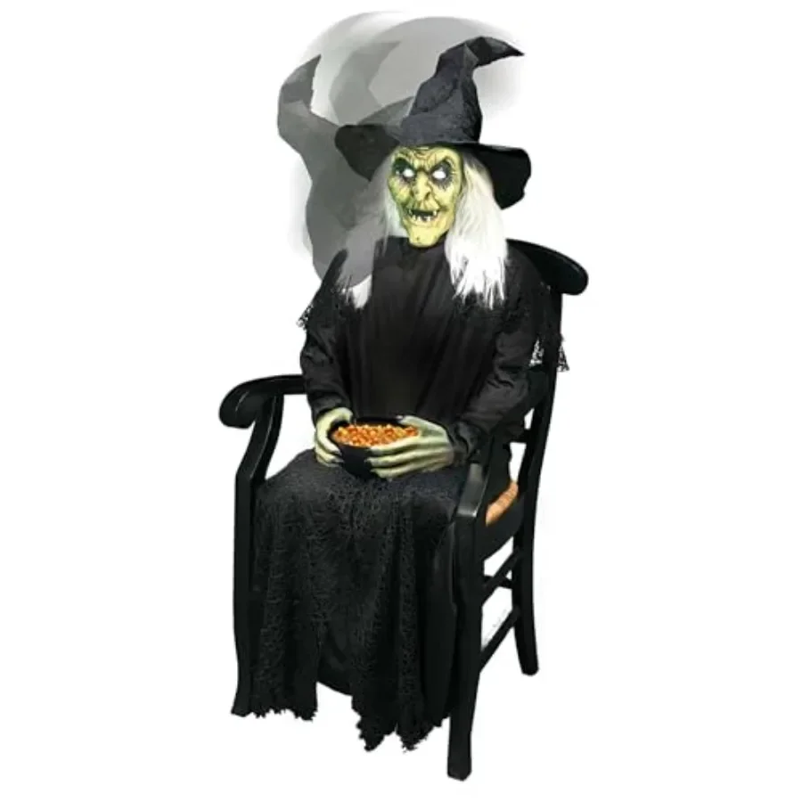 Halloween porch greeter: sitting witch animated prop, PVC material, black and purple, motion-activated with glowing eyes and ca