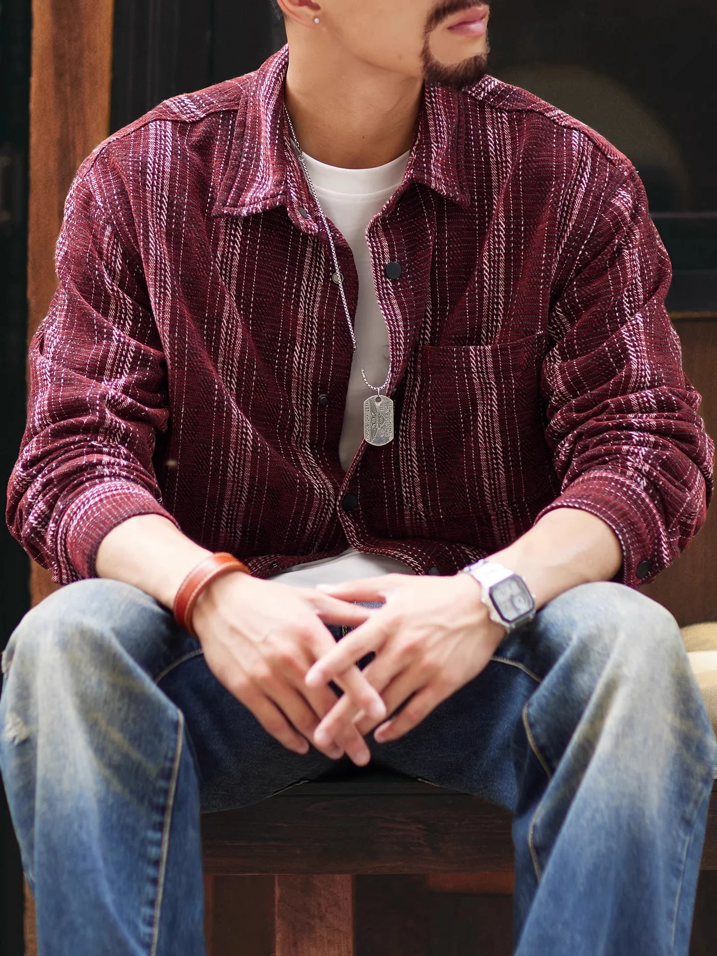 

Loose Fit Casual Long Sve Men's irt Vintage Wine Red Vertical Stripes Outerwear Breathable Youthful Sle Summer irt