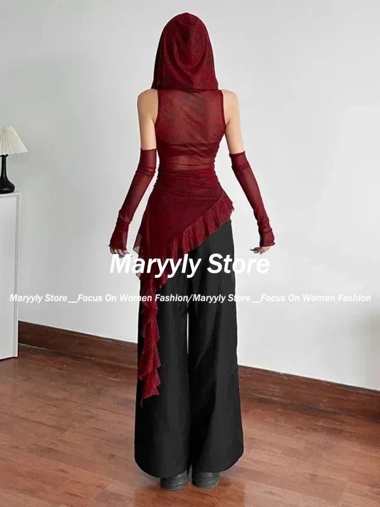 Y2K Vintage 90s Grunge Mesh See Through Hooded Tops Streetwear Irregular Hem Ruffles Hoodie Women Slim Blouse with Cuffs New