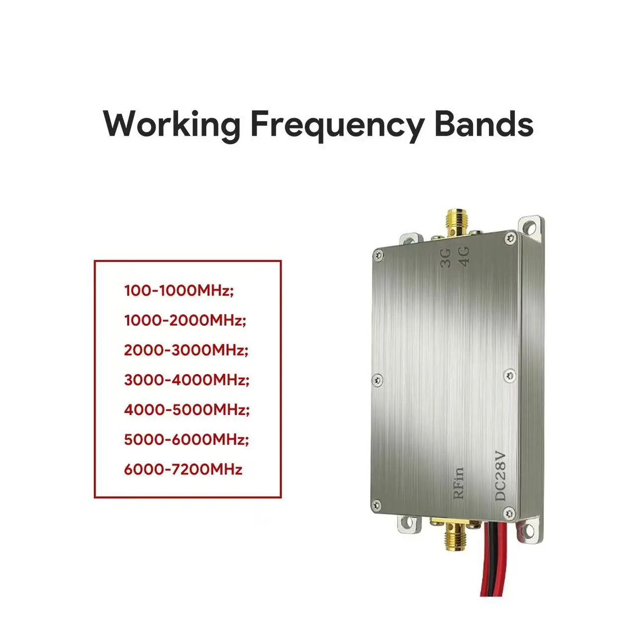 

10 W RF signal transmitter amplifier, 40 dBm, 6000–7200 MHz, 100–1000 MHz, 1000–2000 MHz, 2000–3000 MHz, 5000–6000 MHz, 7.2GHz