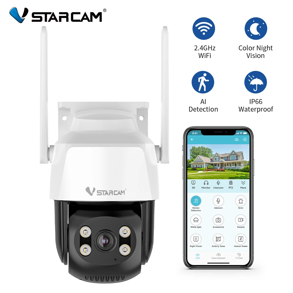 Vstarcam Outdoor Waterproof PT Network Camera, 1080P Cameras for Home Secuirty,TF/Cloud Color Night Vision,Light & Siren Alarm