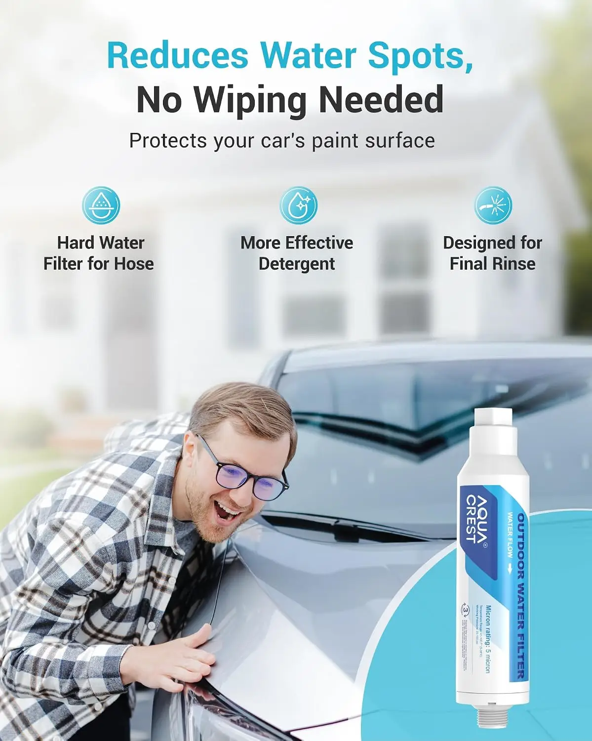 AQUA CREST Hard Water Filter for Hose Car Wash, Reduces Hard Water Spots Designed for Car Washing, Window & Yard Cleaning, Softens Water, with Flexible Hose Protector
