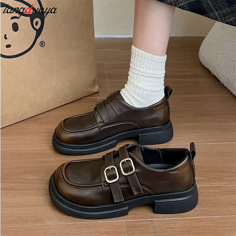 Okrągłe palce Shallow Mouth Casual Woman Shoes British Style Platform Loafers Woman Brown Retro Mary Jane Shoes College Uniform Shoe