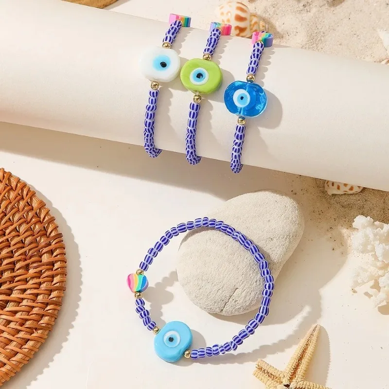 New Devil's Eye Rice Bead Bracelet Set with Blue and White Striped Small Rice Beads Elastic High Grade Bead Bracelet