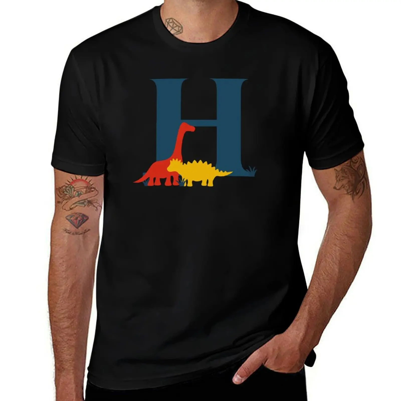 Dinosaurs - Personalised H Name, Initial, Monogram T-Shirt Plus Size Summer Short Sleeve T-Shirt