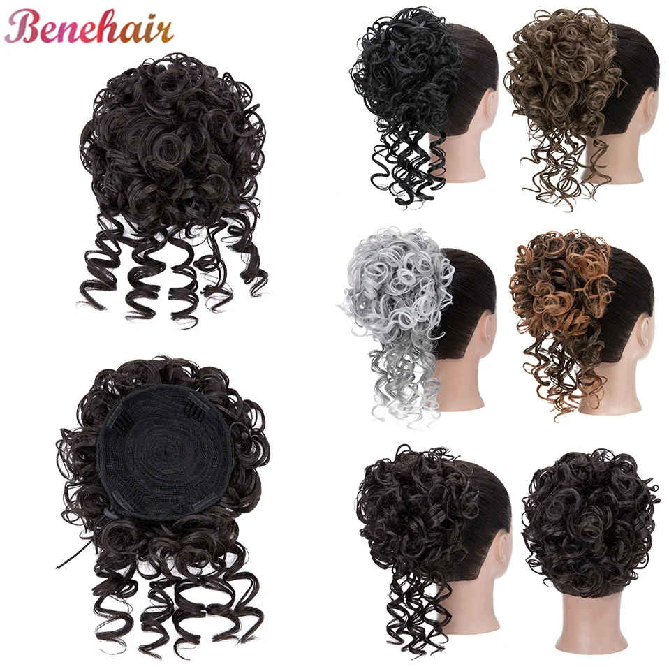 

Benehair Messy Curly Hair Bun Scrunchies Extensions Synthetic Drawstring Ponytail 90g Wave Large Bun Updo Hair Pieces For Women