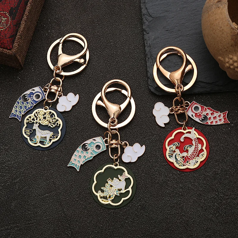 Fashion Chinese Style Koi Greetings Keychains Creative Cartoon Clouds Red Flower Keychain Car Bag Key Chain Pendant Jewelry Gift