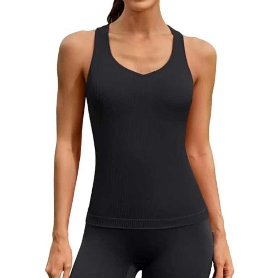 

ATTRACO Ribflex Workout Tank Top for Women Built-in Bra Athletic Tank Sweetheart Neck Seamless Yoga Top