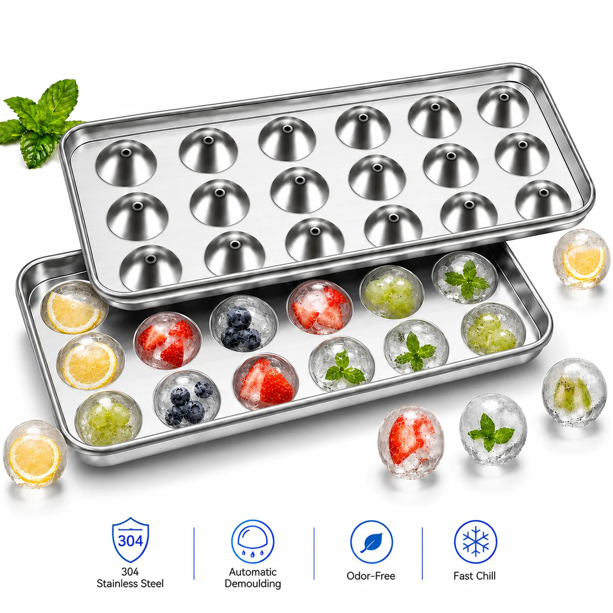 304 Stainless Steel Ice Cube Tray 18 Grid Round Ice Sphere Maker Mold Quick Release Metal Freezer Tray For Whiskey Drink