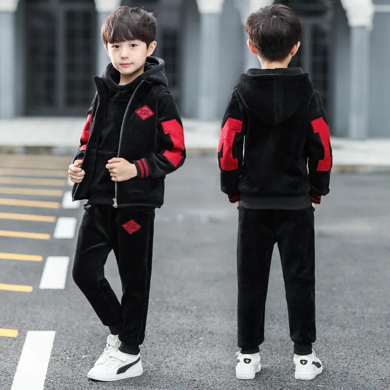 Winter Boys Warm Fleece Patchwork Zip Waistcoat+Sweatshirt+Sweatpant Set School Kids 3PCS Tracksuit Child Workout Outfit 5-14Yrs