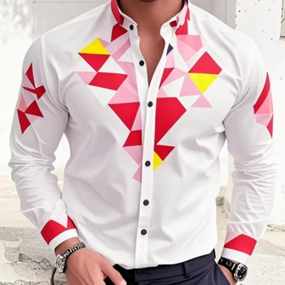 幾何学模様の花柄プリントが施された、新しいメンズラペルシャツ。アウトドアストリートファッションデザイン、カジュアルなハワイアン長袖シャツトップス。
