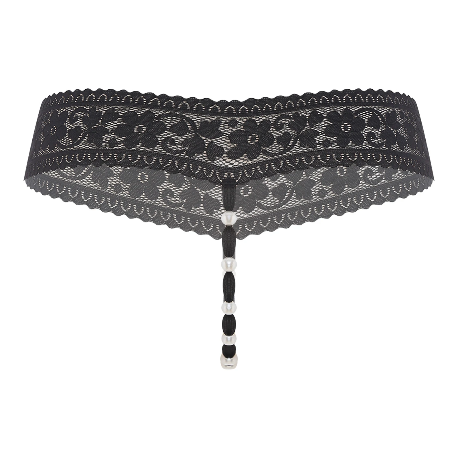 

Womens Floral Lace Sexy Thong Panties Faux Pearls on Crotch for Stimulating And Massaging T-back Briefs Underwear for Night Date