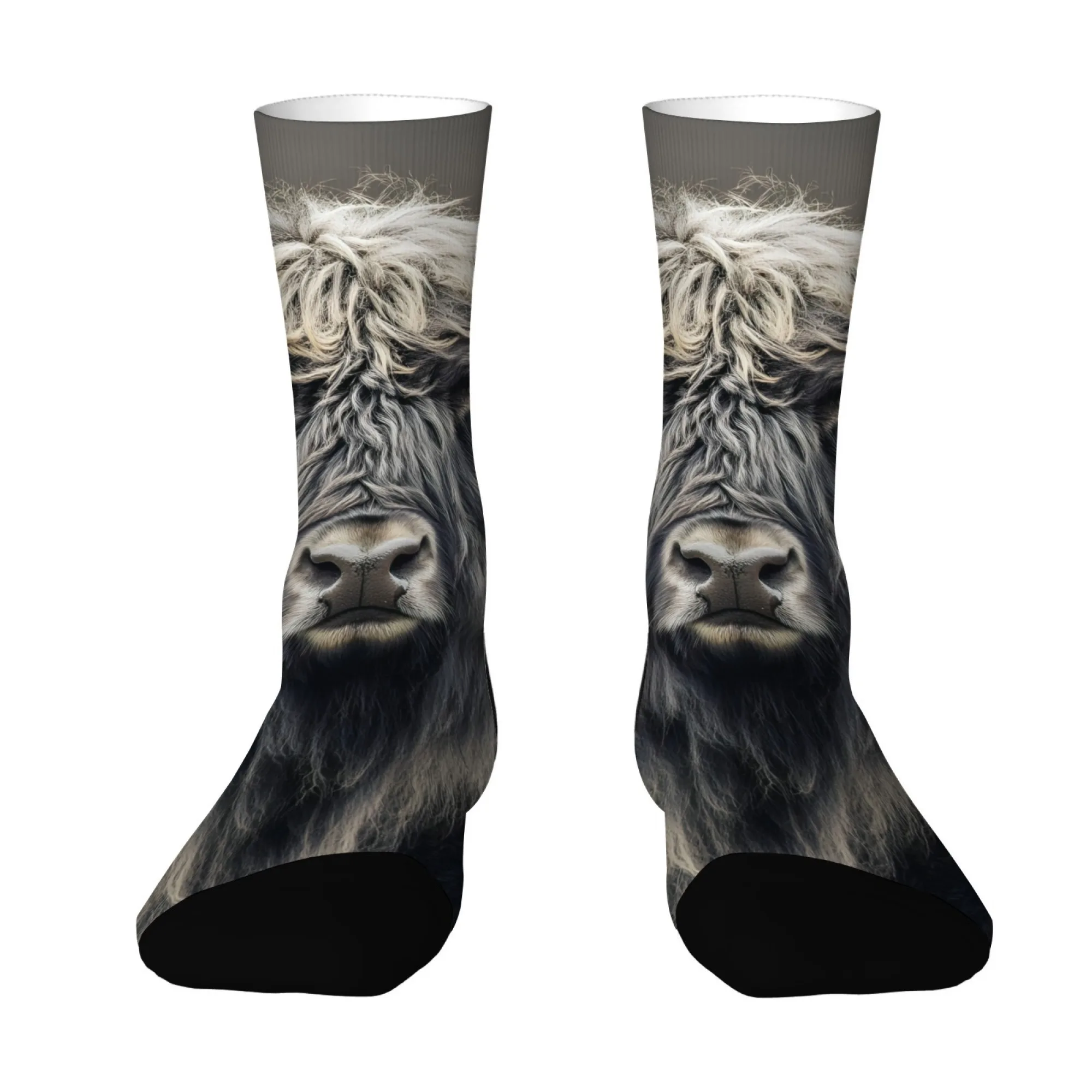 

Men's Mid-Calf Socks with Highland Cow Face Design Unique Animal Print Trendy Stylish Comfortable for Travel Adventure