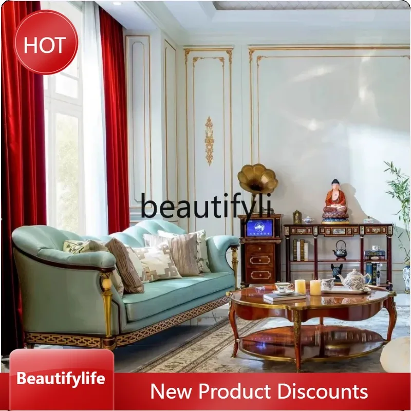 

a383 Villa English living room furniture Neoclassical solid wood sofa High-end European mansion three-person cloth sofa