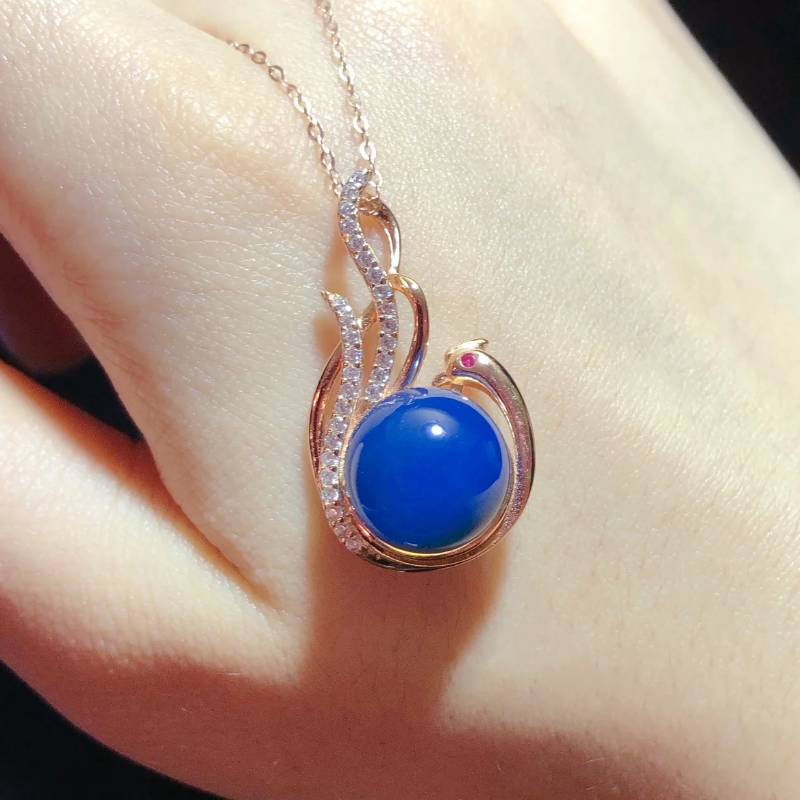 Natural Mexican Blue Amber Pendant Sterling Silver Phoenix Handmade Jewelry Gift for Women 12mm Blue Amber Bead