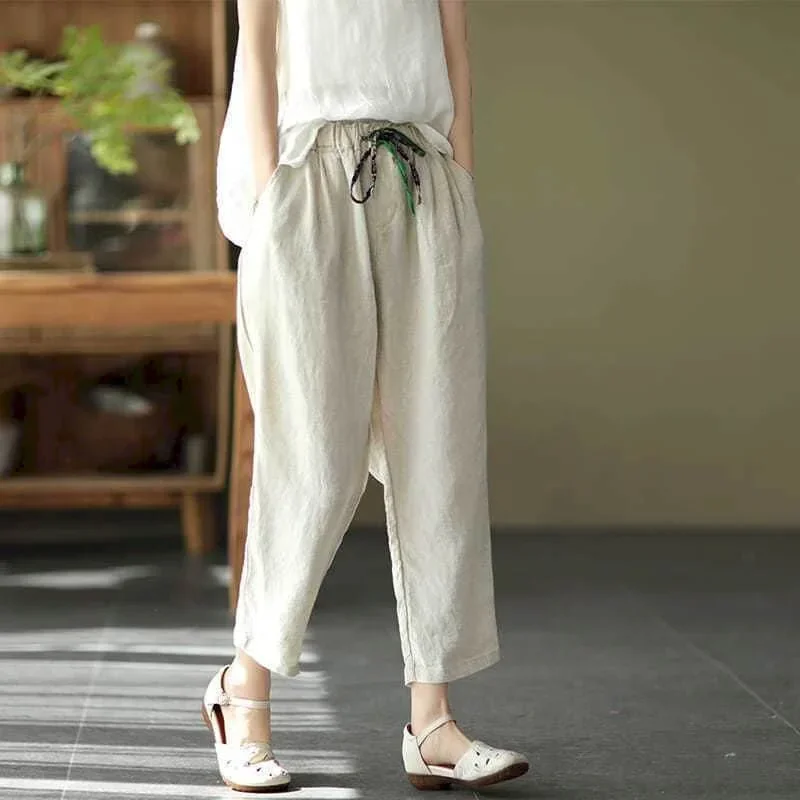 

Укороченные брюки для женщин, однотонные свободные повседневные винтажные летние распродажи, корейский стиль, литературные шаровары с эластичной резинкой на талии, уличная женская одежда