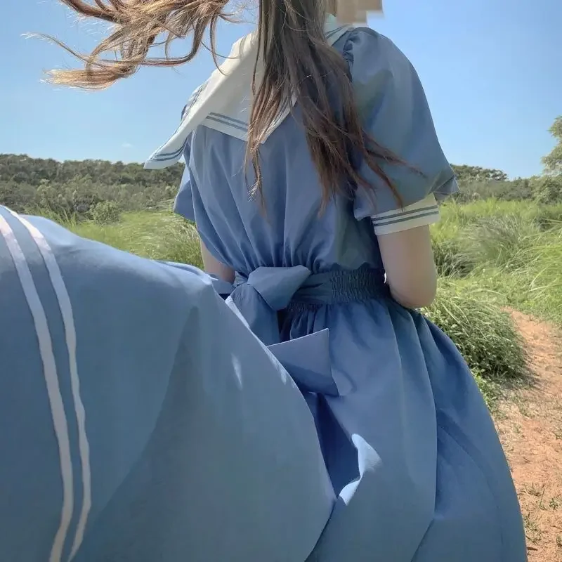 Harajuku saior colarinho azul marinho vestido japonês lolita doce arco menina retro algodão kawaii estilo universitário vestido longo de dormir feminino