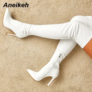 Sexy weiße Aneikeh auf dem Knie Reißverschluss in Fußfingerschuhen zeigte auf neue Mode gestreifte Mode Stiefel 2025 Frühling 8 Hauptverkäufe Bota Weiß am Knie - №2