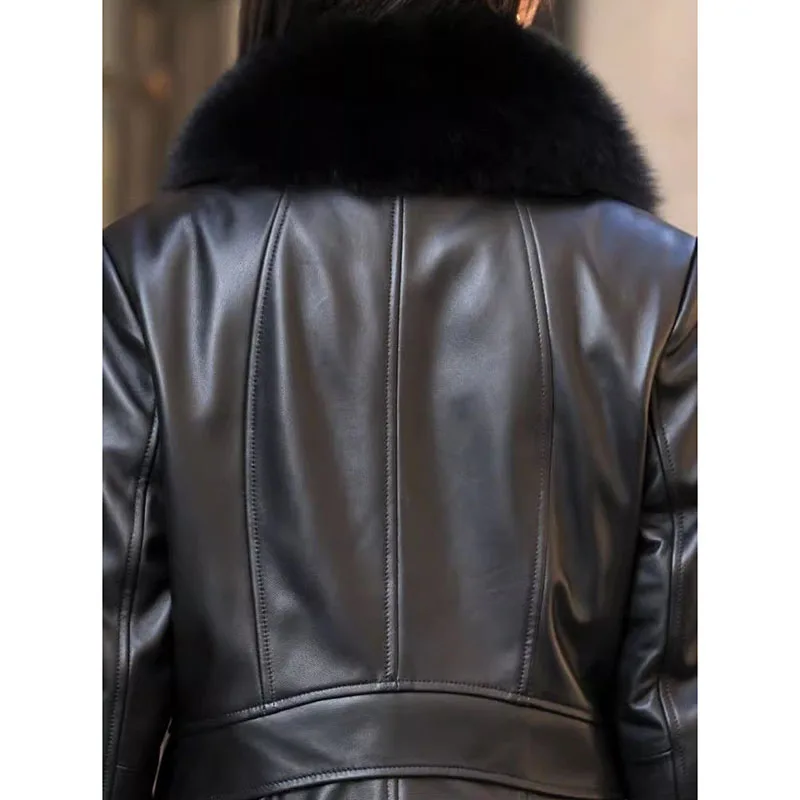 Mid-Length Chic Leather Coat Women Overcoat 2024 New Autumn Winter Loose Fur Collar Single-Breasted PU Leather Windbreakers