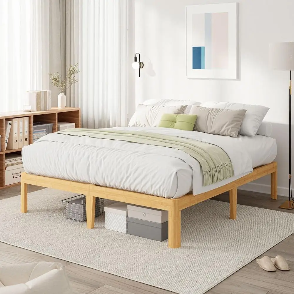 Sturdy Bamboo King Bed Frame with Steel Slats Easy Assembly Eco-Friendly Natural Material Rounded Corner Design Underbed Storage