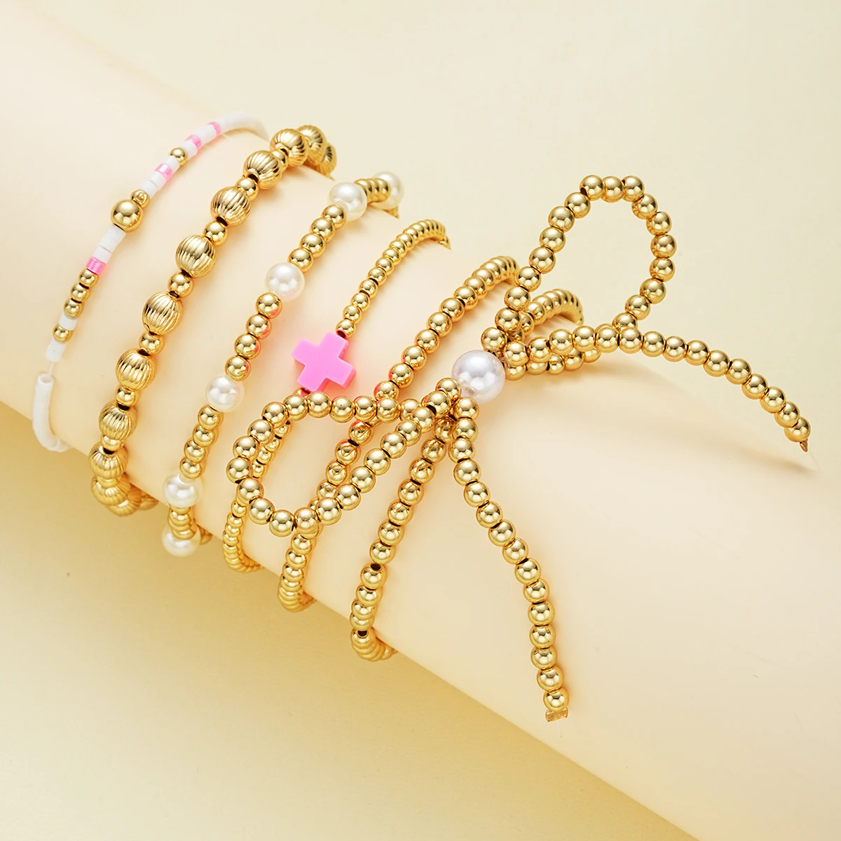 6 قطعة/المجموعة خمر الذهب اللون Bowknot مطرز أساور للنساء أنيقة الصليب تقليد اللؤلؤ الإسورة مجموعة جديد عصري مجوهرات الحفلات