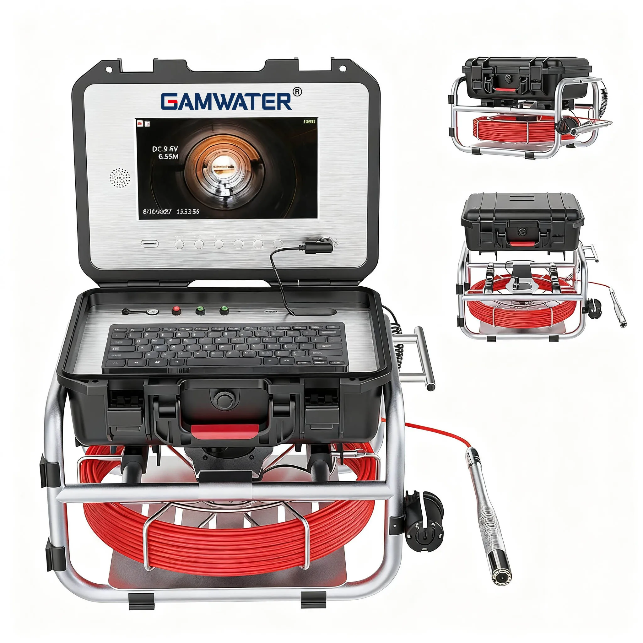 

10" IPS Sewer Inspection Camera 23mm with DVR 16GB Card 512Hz Sonde, 5/7MM 30-50M Cable with Keyboard & Meter Counter 4500mAH